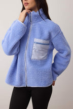 Trendyolmilla Winter Essentials Indigo Kalın Polar Fermuarlı Dik Yaka Cepli Örme Sweatshirt TWOAW24SW00071
