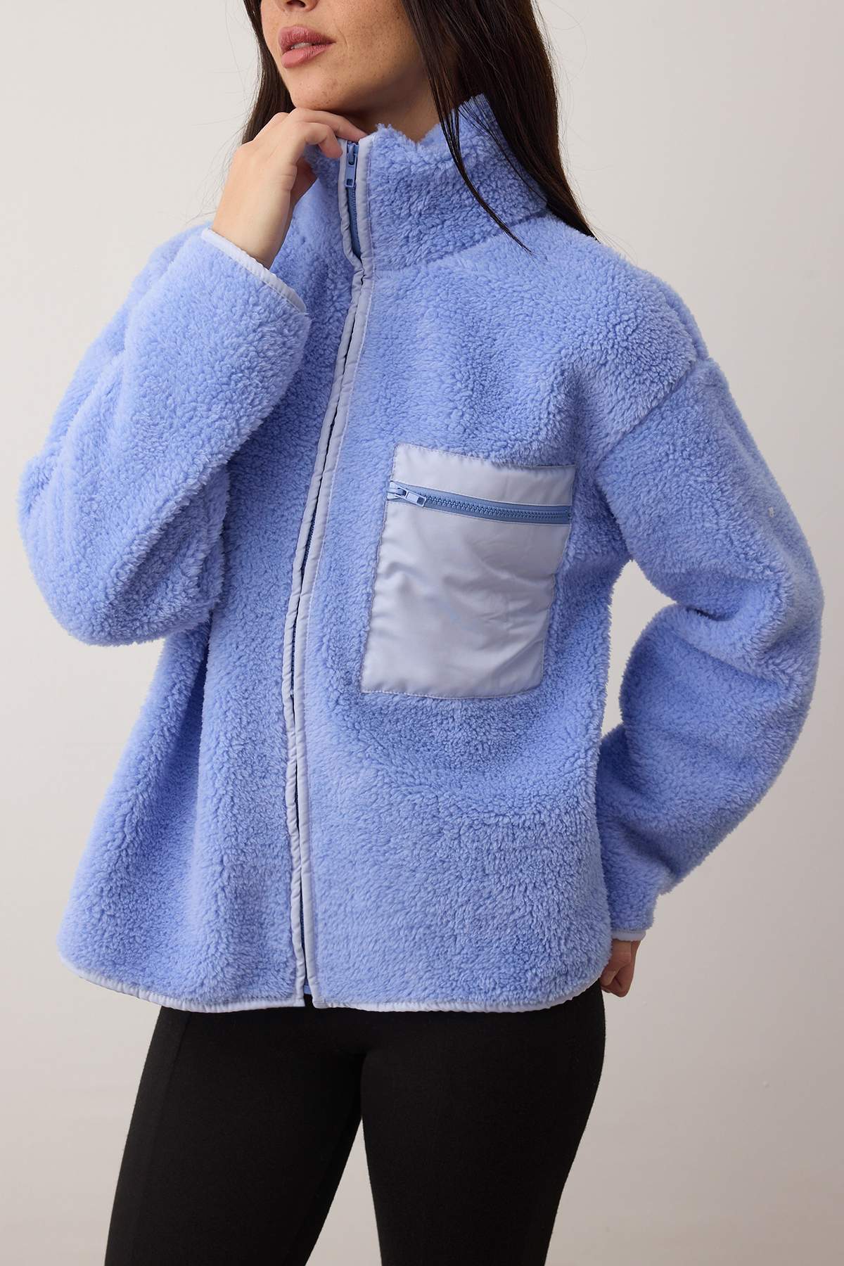 Trendyolmilla Winter Essentials Indigo Kalın Polar Fermuarlı Dik Yaka Cepli Örme Sweatshirt TWOAW24SW00071