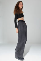 Trendyolmilla Siyah Wide Leg/Geniş Paça Yüksek Bel Dokuma  Pantolon TWOAW23PL00302
