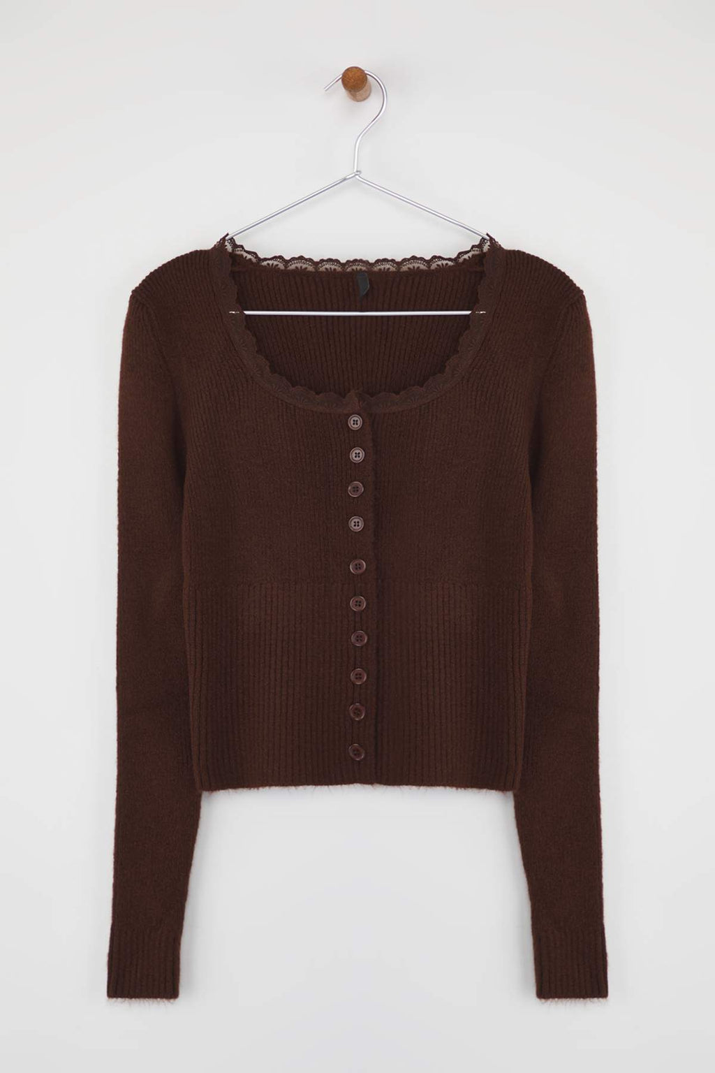 Trendyolmilla Kahverengi Crop Dantel Garnili Kare Yaka Yumuşak Dokulu Vücudu Saran Triko Hırka TWOAW26HI00061