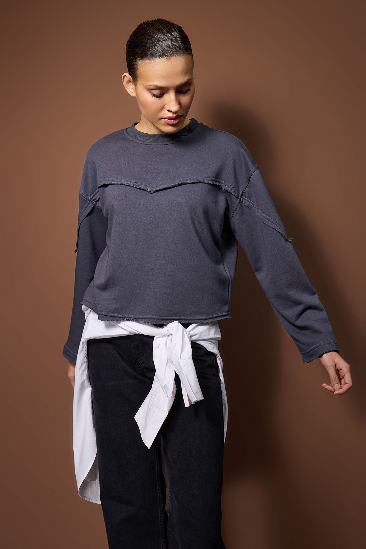 Trendyolmilla Antrasit Kalın Şardonsuz İspanyol Kol Dikiş Detaylı Relaxed Örme Sweatshirt TWOAW26SW00110 Main image
