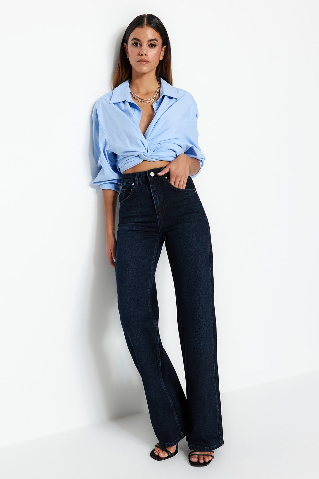Trendyolmilla Mavi*002 Yüksek Bel Wide Leg Geniş Paça %100 Pamuk Non-Stretch Jeans TWOSS23JE00083