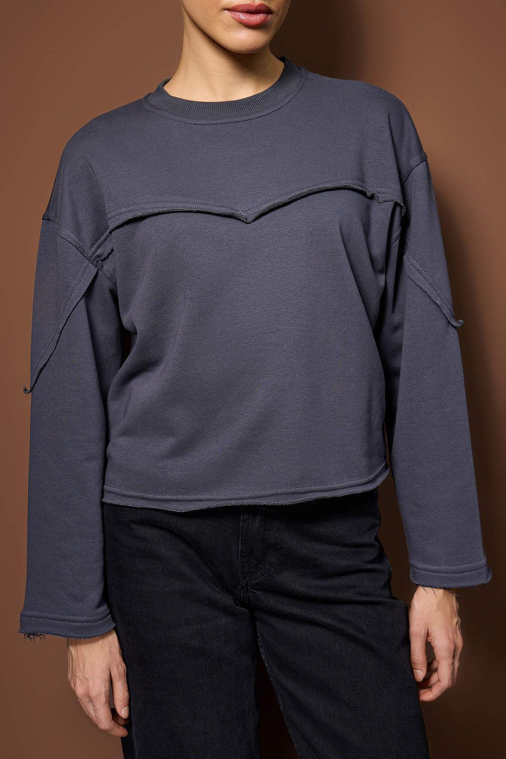 Trendyolmilla Antrasit Kalın Şardonsuz İspanyol Kol Dikiş Detaylı Relaxed Örme Sweatshirt TWOAW26SW00110