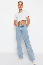 Trendyolmilla Koyu Mavi Bel Detaylı Yüksek Bel Wide Leg Jeans TWOSS21JE0385