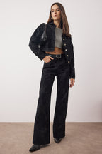 Siyah Siyah Süet Görünümlü Flok Baskılı Yüksek Bel Wide Leg Jeans Yüksek Bel Jeans TWOAW26JE00309