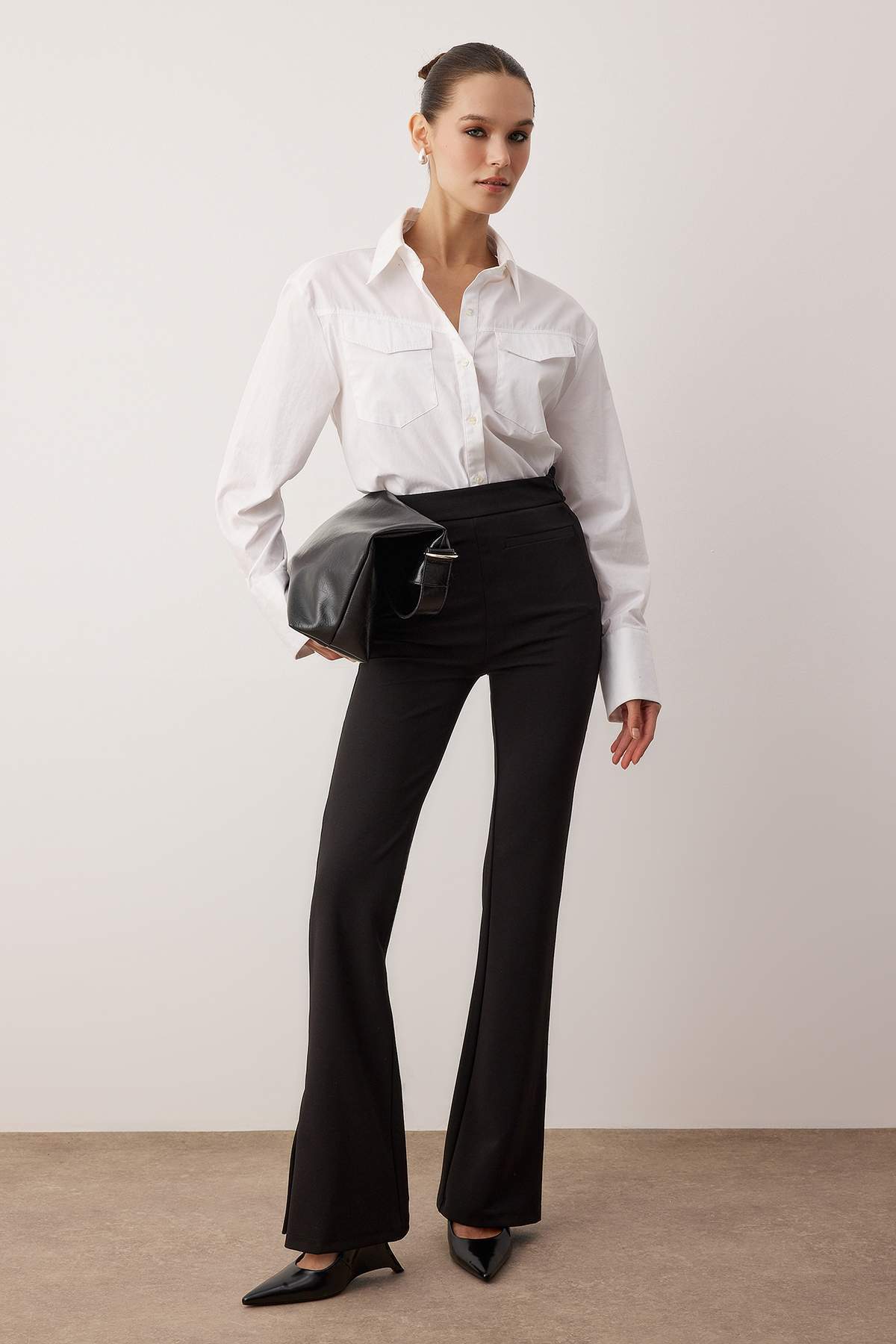 Siyah Wide Leg/Geniş Paça Esnek Kalın Örme Pantolon TWOAW26PL00073