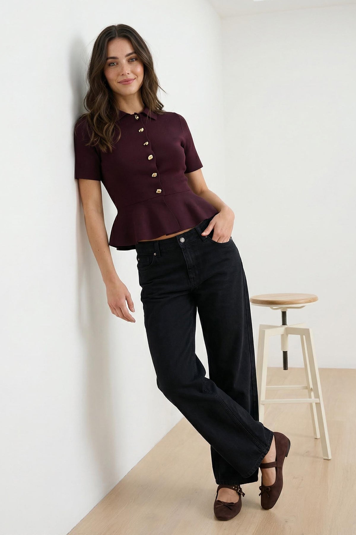 Mürdüm Peplum/Belden Oturmalı Düğme Detaylı Triko Bluz TWOSS26BZ00158 Secondary image