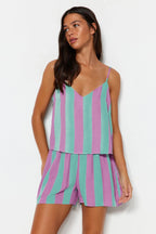 Trendyolmilla Çok Renkli Çizgili İp Askılı Viskon Şortlu Dokuma Pijama Takımı THMSS23PT00225