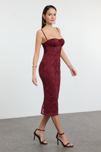 Trendyolmilla Bordo Astarlı Dantel Örme Midi Abiye Gece Mezuniyet Elbisesi TPRAW25EL00120
