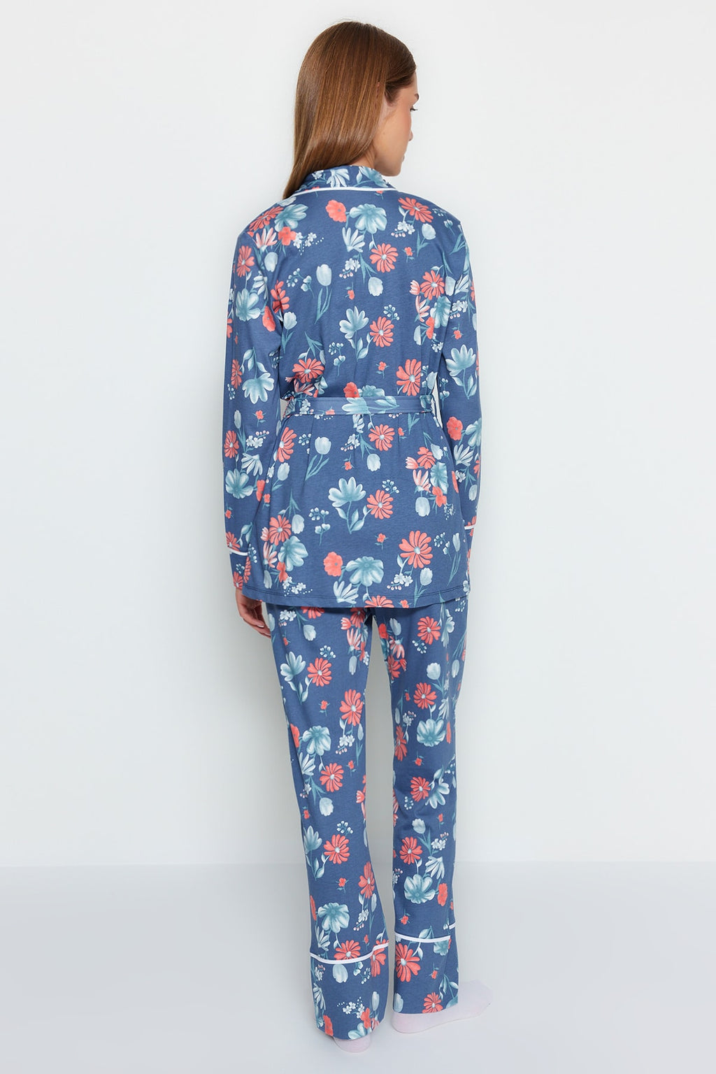 Mavi %100 Pamuklu Çiçek Desenli Kruvaze Gömlek-Pantolon Örme Pijama Takımı THMAW21PT0584