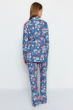 Mavi %100 Pamuklu Çiçek Desenli Kruvaze Gömlek-Pantolon Örme Pijama Takımı THMAW21PT0584