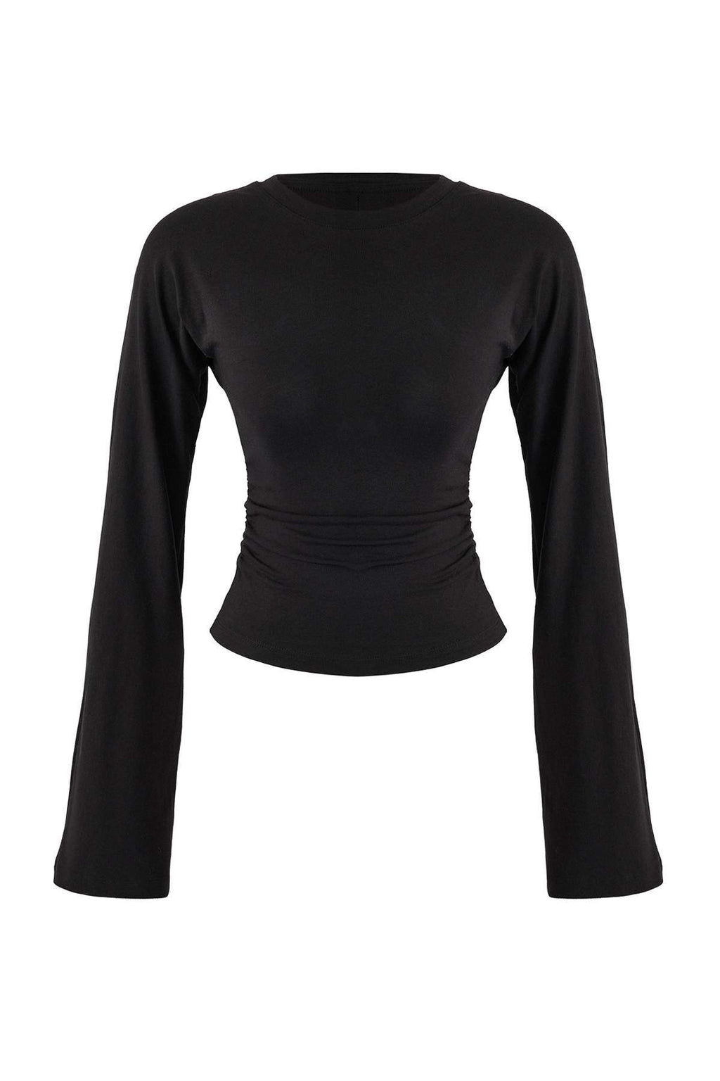 Trendyolmilla Gri İspanyol Kol Büzgü Detaylı Regular/Normal Kalıp Örme Bluz TWOAW26BZ00293