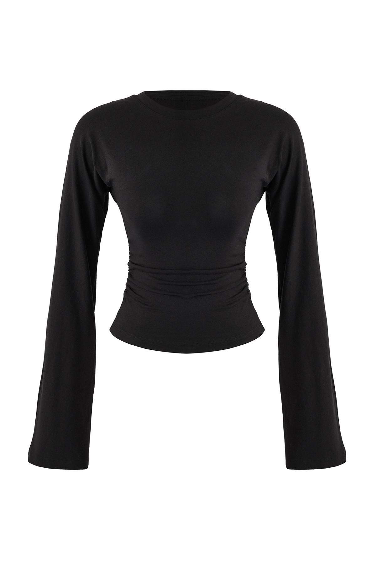 Trendyolmilla Gri İspanyol Kol Büzgü Detaylı Regular/Normal Kalıp Örme Bluz TWOAW26BZ00293