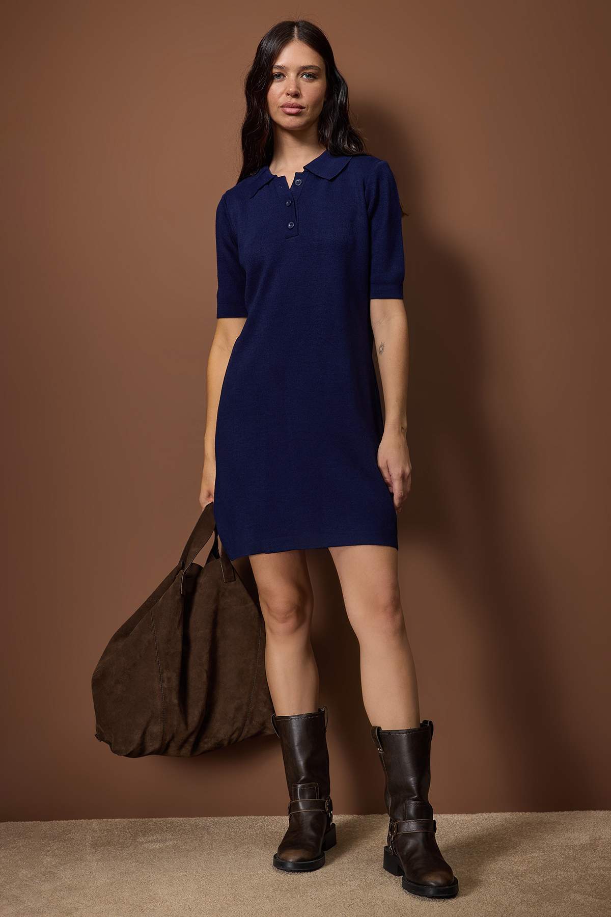 Trendyolmilla Siyah Renk Bloklu Kısa / Mini Polo Yaka Triko Elbise TWOAW26EL00105