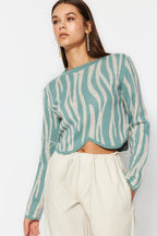 Mint Crop Zebra Desenli Renk Bloklu Triko Kazak TWOAW24KZ00694