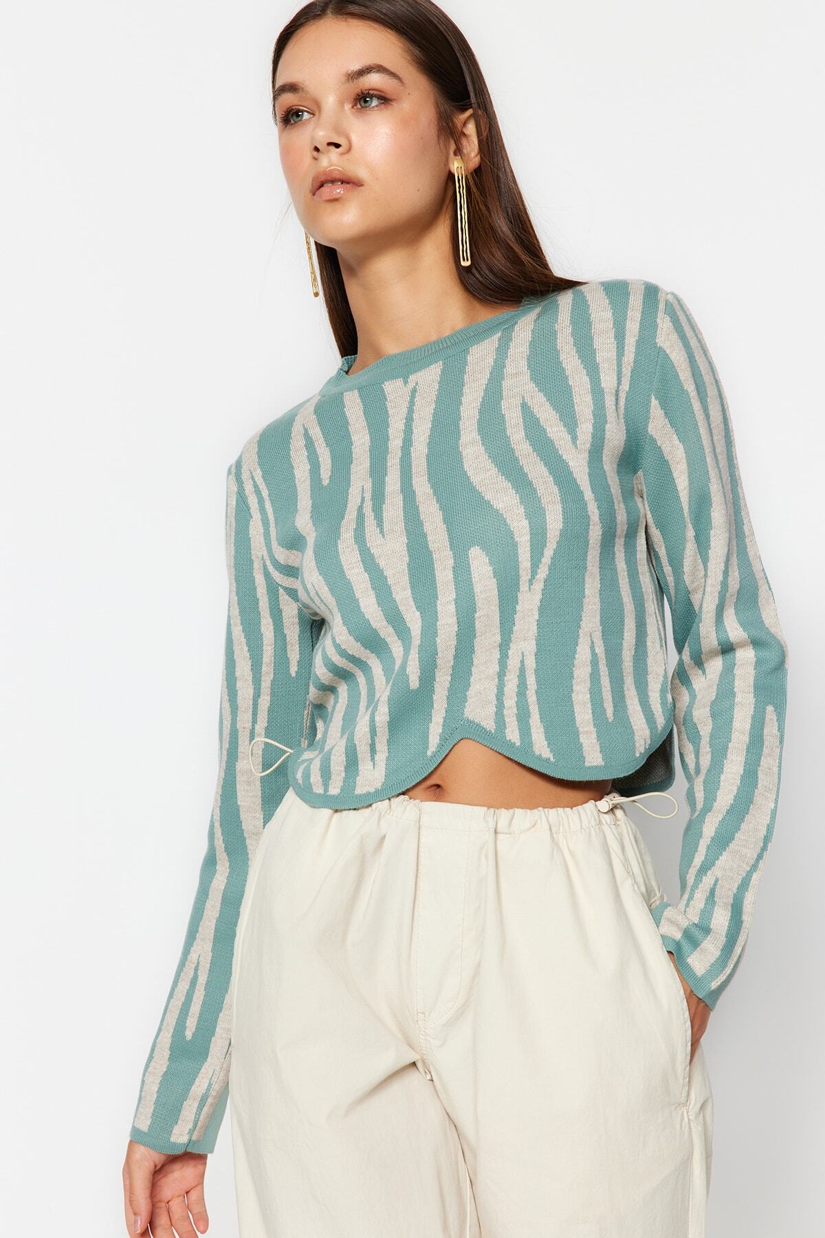 Mint Crop Zebra Desenli Renk Bloklu Triko Kazak TWOAW24KZ00694