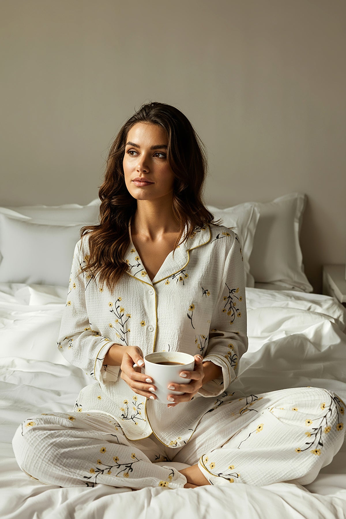 Beyaz-Sarı Dokulu Çiçekli Biyeli Örme Pijama Takımı THMAW26PT00212