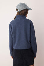 Trendyolmilla Mavi Selanik/Triko Görünümlü Fermuarlı Yaka Regular/Normal Kalıp Örme Sweatshirt TWOAW22SW0732