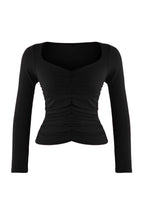Trendyolmilla More Sustainable Siyah Fitted/Vücuda Oturan Büzgülü V Yaka Uzun Kollu Esnek Örme Bluz TWOAW26BZ00163