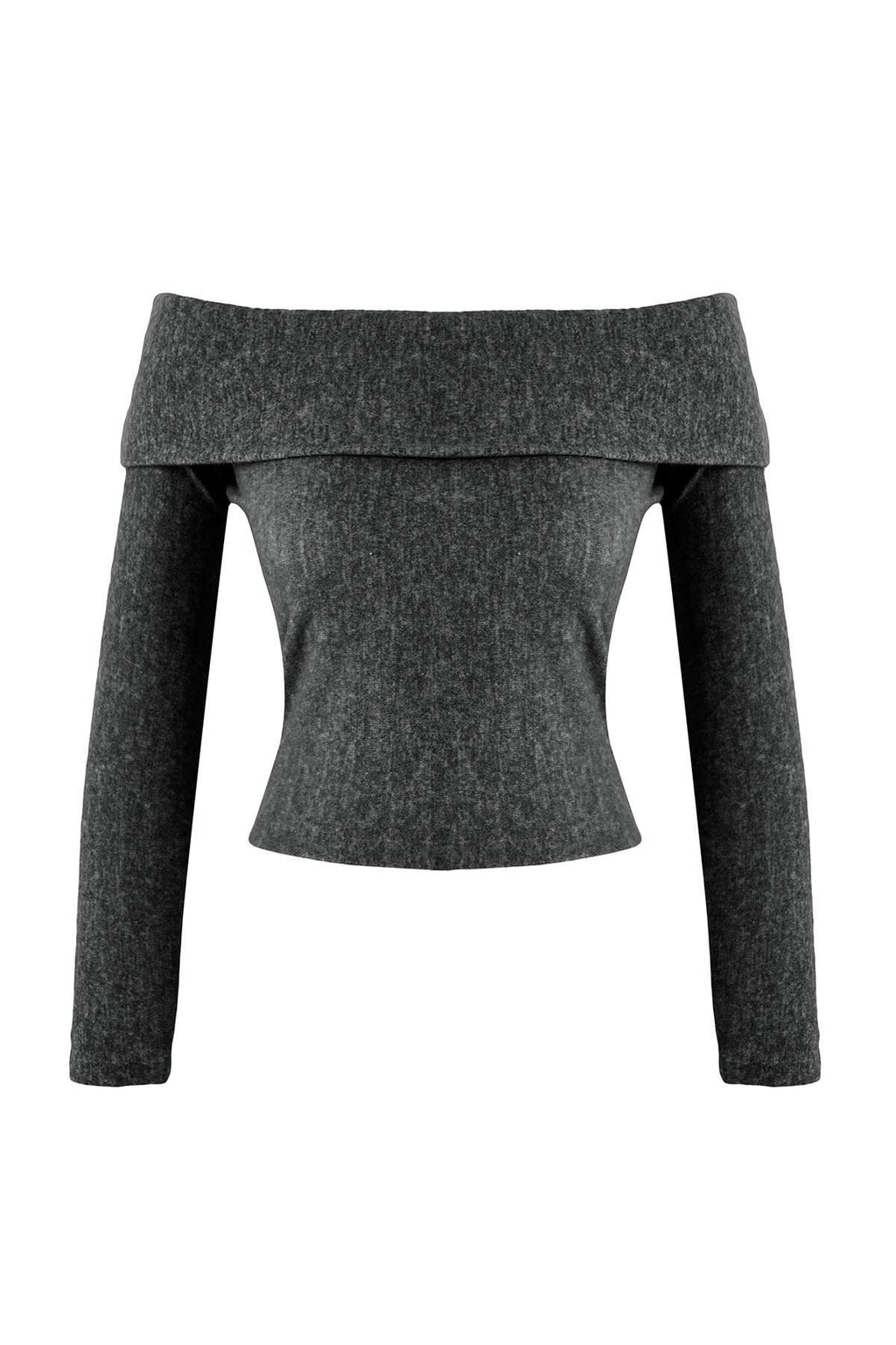 Trendyolmilla Antrasit Yumoş Düşük Omuzlu Carmen Yaka Fitted/Vücuda Oturan Örme Bluz TWOAW26BZ00081