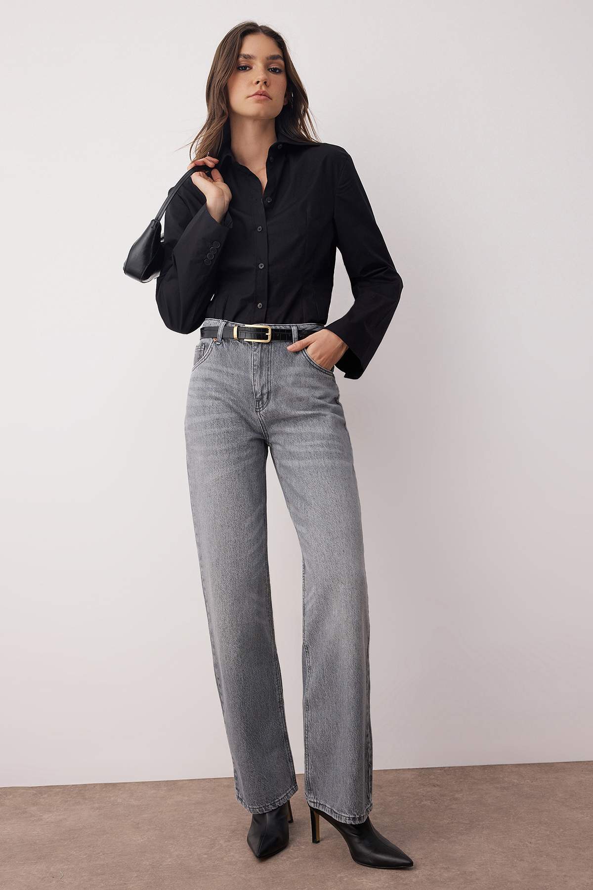 Gri Yüksek Bel Geniş Paça Wide Leg Palazzo %100 Pamuk Non-Stretch Jeans TWOAW26JE00066 Secondary image