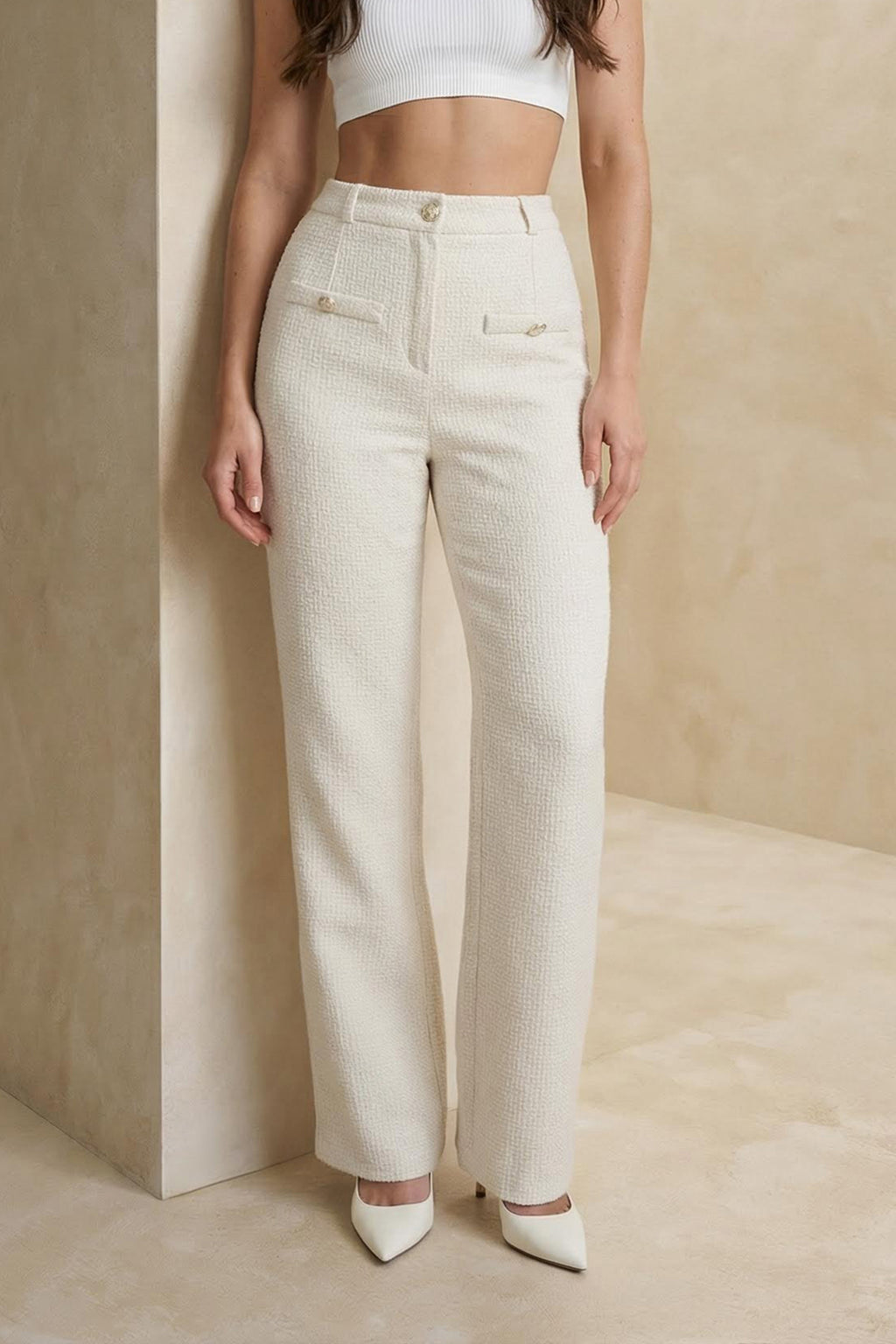 Ekru Tüvit Düğme Detaylı Pantolon TWOAW26PL00172
