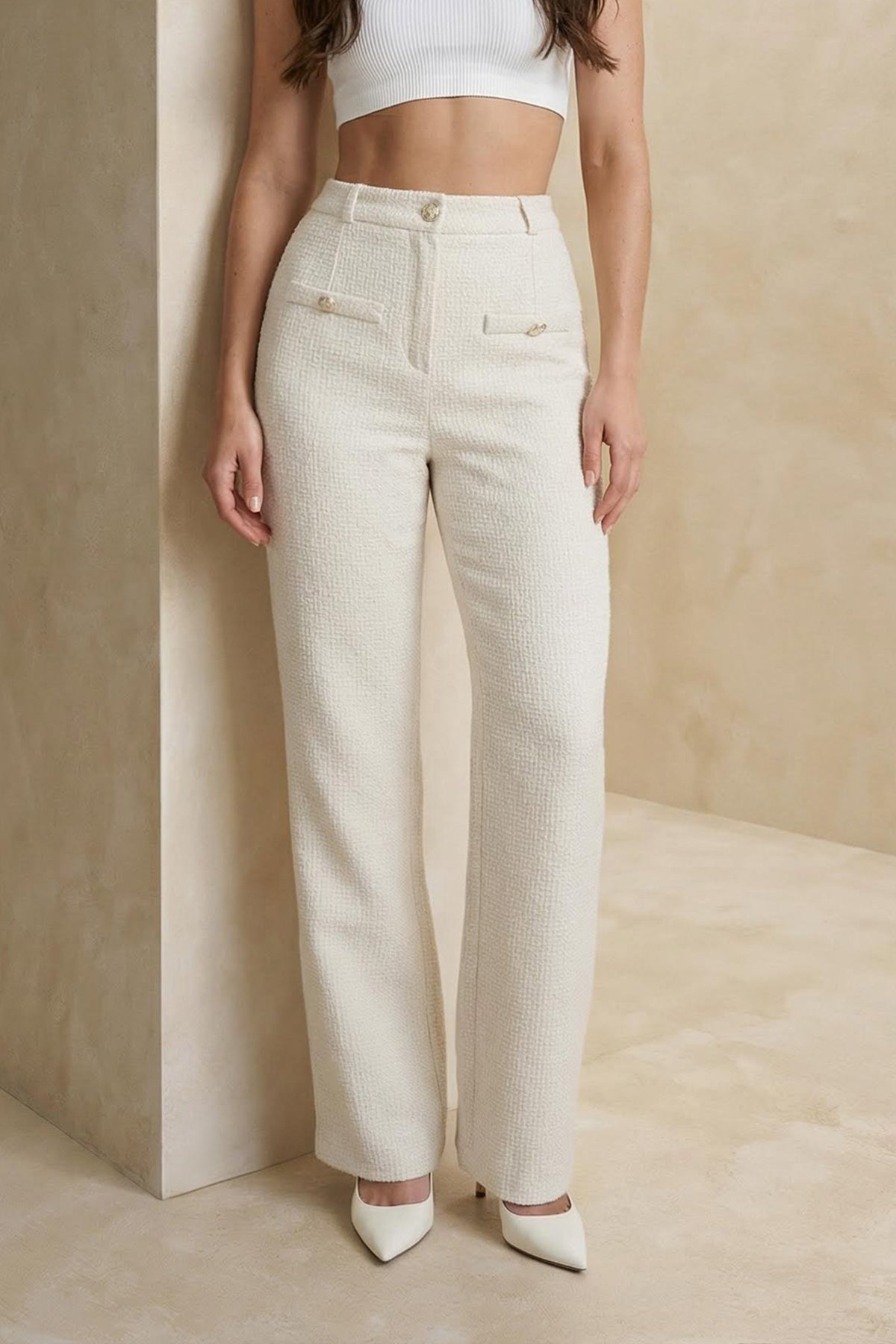 Ekru Tüvit Düğme Detaylı Pantolon TWOAW26PL00172