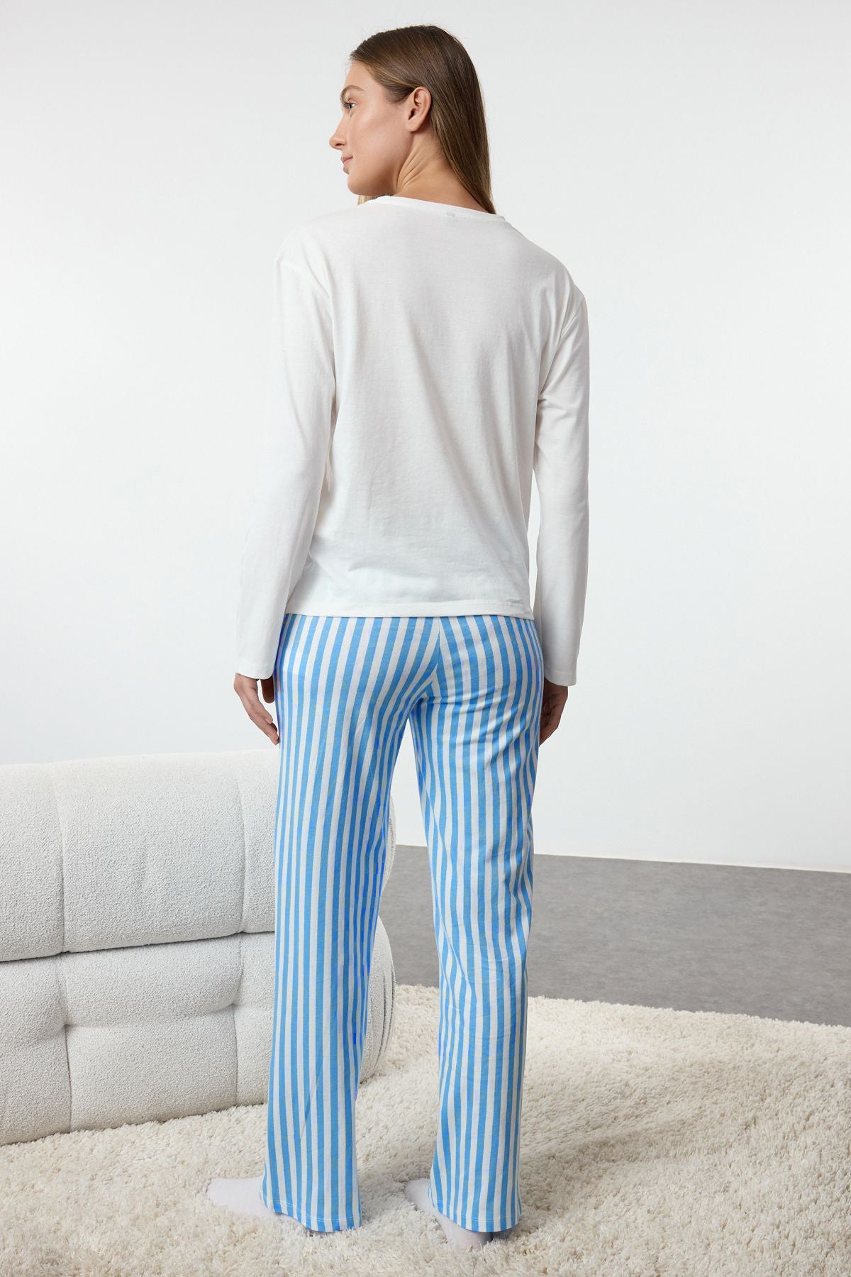 Trendyolmilla Mint %100 Pamuklu Çizgili Ayıcıklı Örme Pijama Takımı THMAW25PT00171