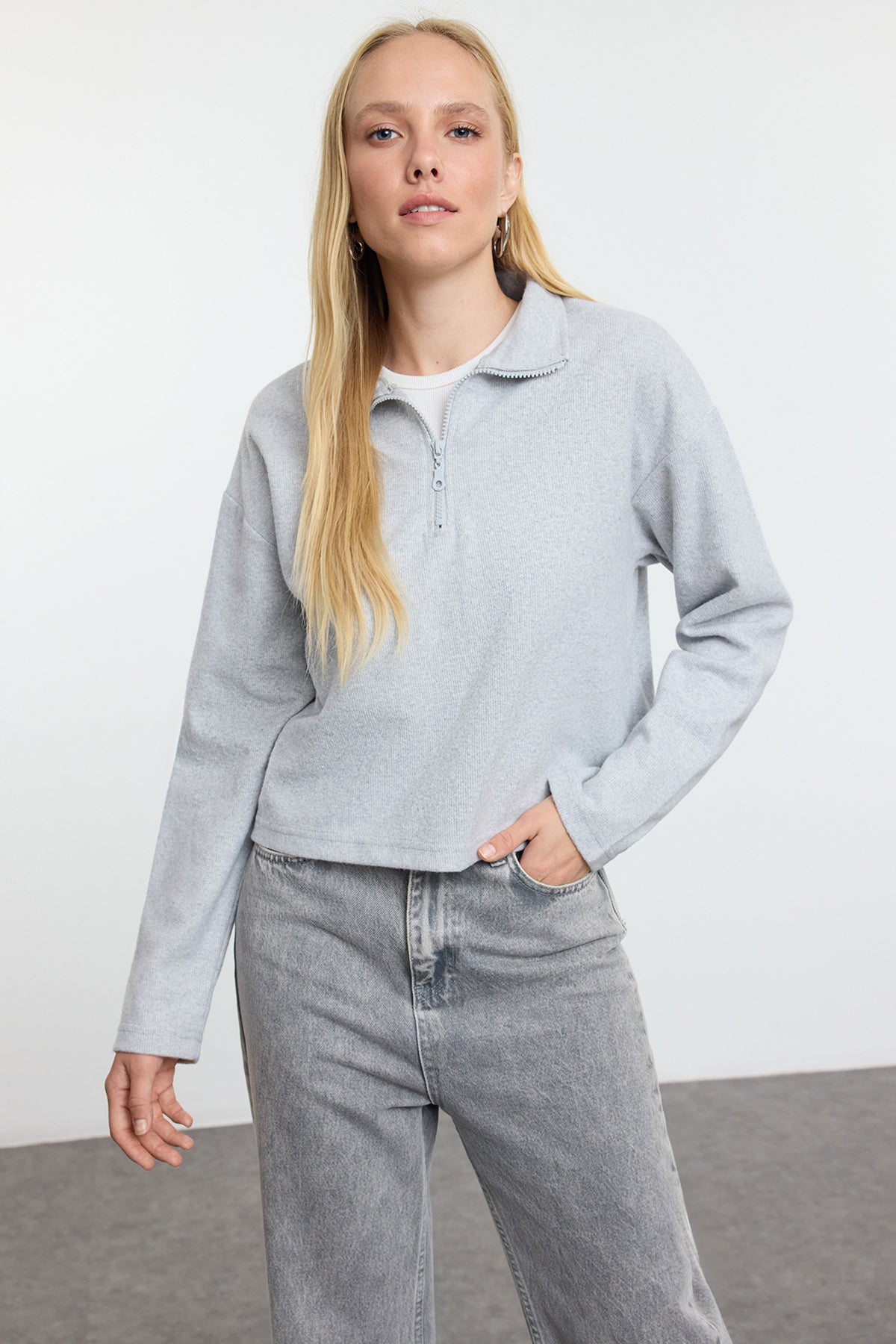 Lacivert-Gri 2'Li Paket Selanik Regular/Normal Kalıp Fermuarlı Yaka Örme Sweatshirt TWOAW25SW00120