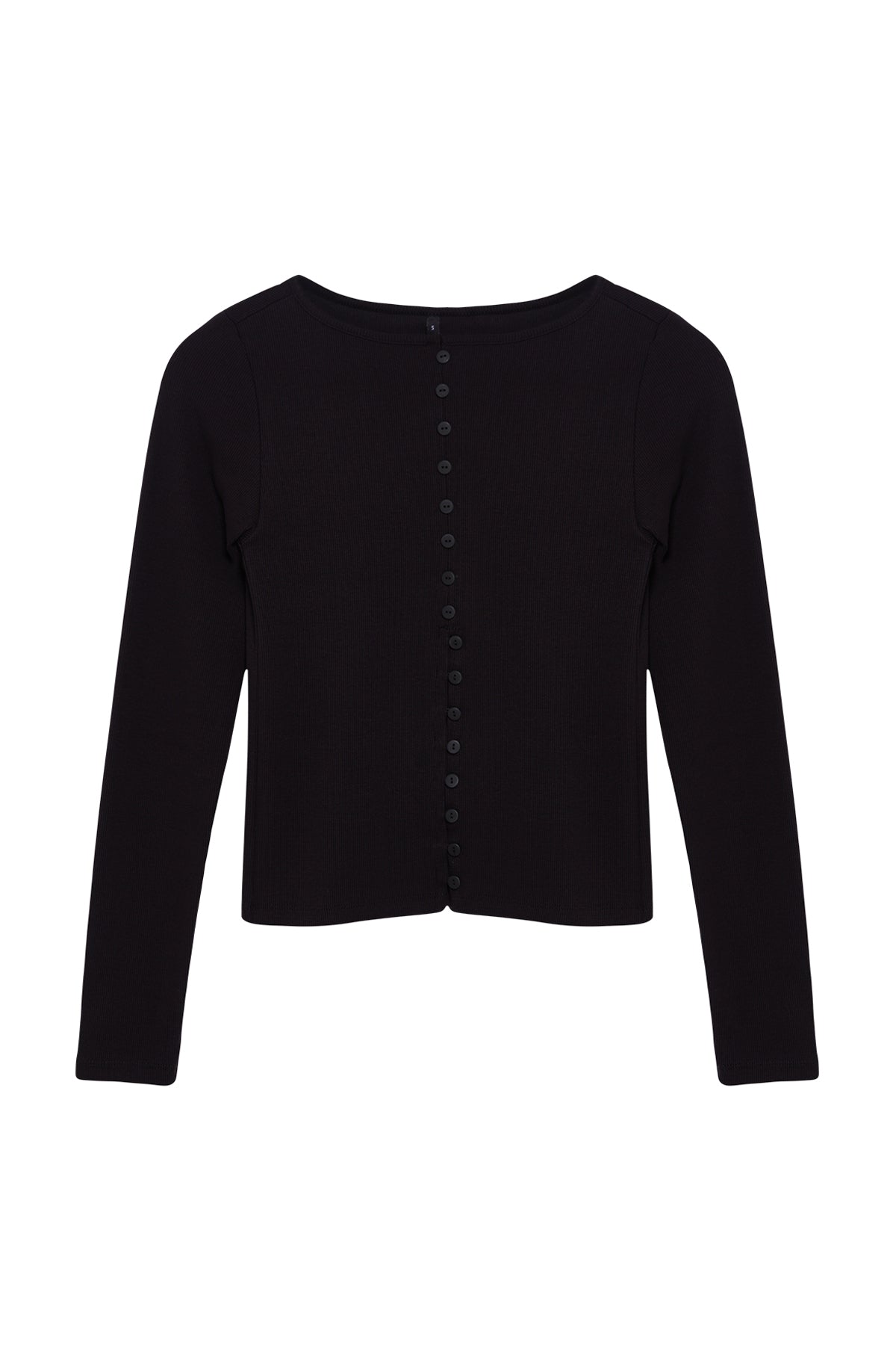 Trendyolmilla Siyah Düğme Detaylı Bisiklet Yaka Fitilli Esnek Regular Boy Örme Bluz TWOAW25BZ00030