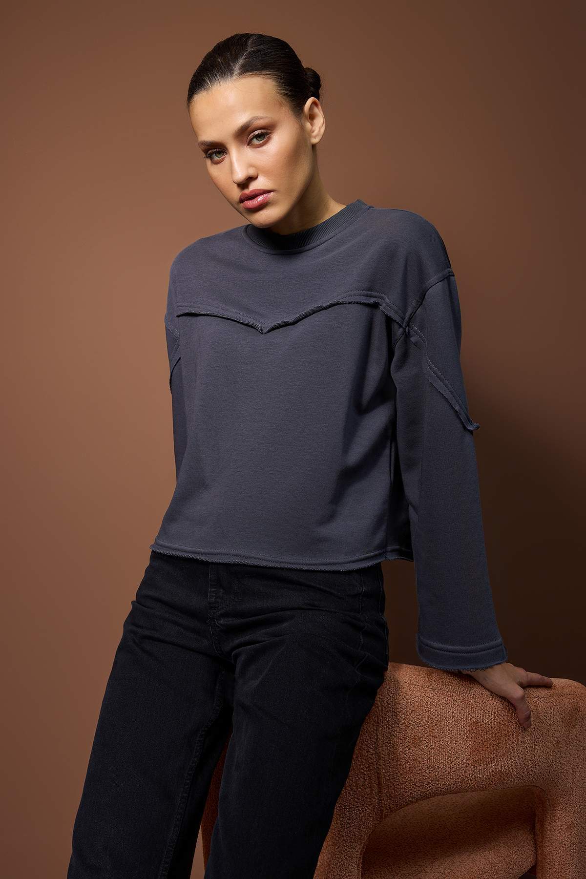 Trendyolmilla Antrasit Kalın Şardonsuz İspanyol Kol Dikiş Detaylı Relaxed Örme Sweatshirt TWOAW26SW00110 Secondary image