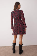 Bordo Çiçekli Aksesuar Detaylı Kısa / Mini Astarlı Şifon Dokuma Elbise TWOAW26EL00084