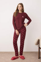 Trendyolmilla Bordo Kurdele/Fiyonklu Yumuşak Kışlık Waffle Örme Pijama Takımı THMAW26PT00187