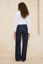 Koyu Mavi %100 Pamuk Taşlı Uzun Boy Yüksek Bel Raw Wide Leg Jeans TWOSS26JE00072
