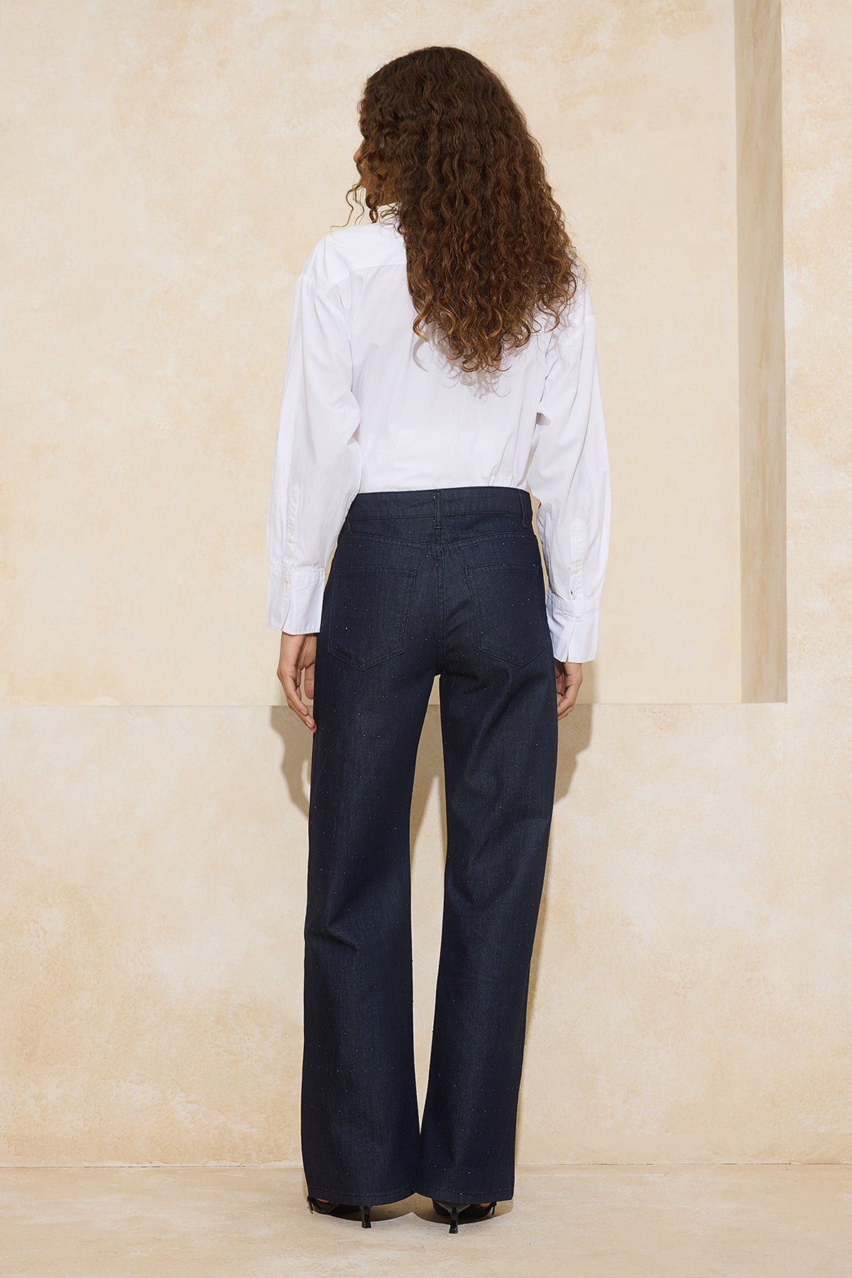 Koyu Mavi %100 Pamuk Taşlı Uzun Boy Yüksek Bel Raw Wide Leg Jeans TWOSS26JE00072