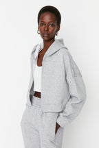 Trendyolmilla Açık Sarı Fermuarlı Kapüşonlu Rahat Kesim Crop Kalın İçi Polarlı Örme Sweatshirt TWOAW20SW0660