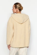 Ekru Kalın Polar Kontrast Biyeli Kapüşonlu Relaxed/Rahat Kalıp Örme Sweatshirt TWOAW24SW00021