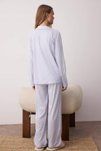 Trendyolmilla Mavi %100 Pamuklu Çizgili Gömlek-Pantolon Örme Pijama Takımı THMAW24PT00144