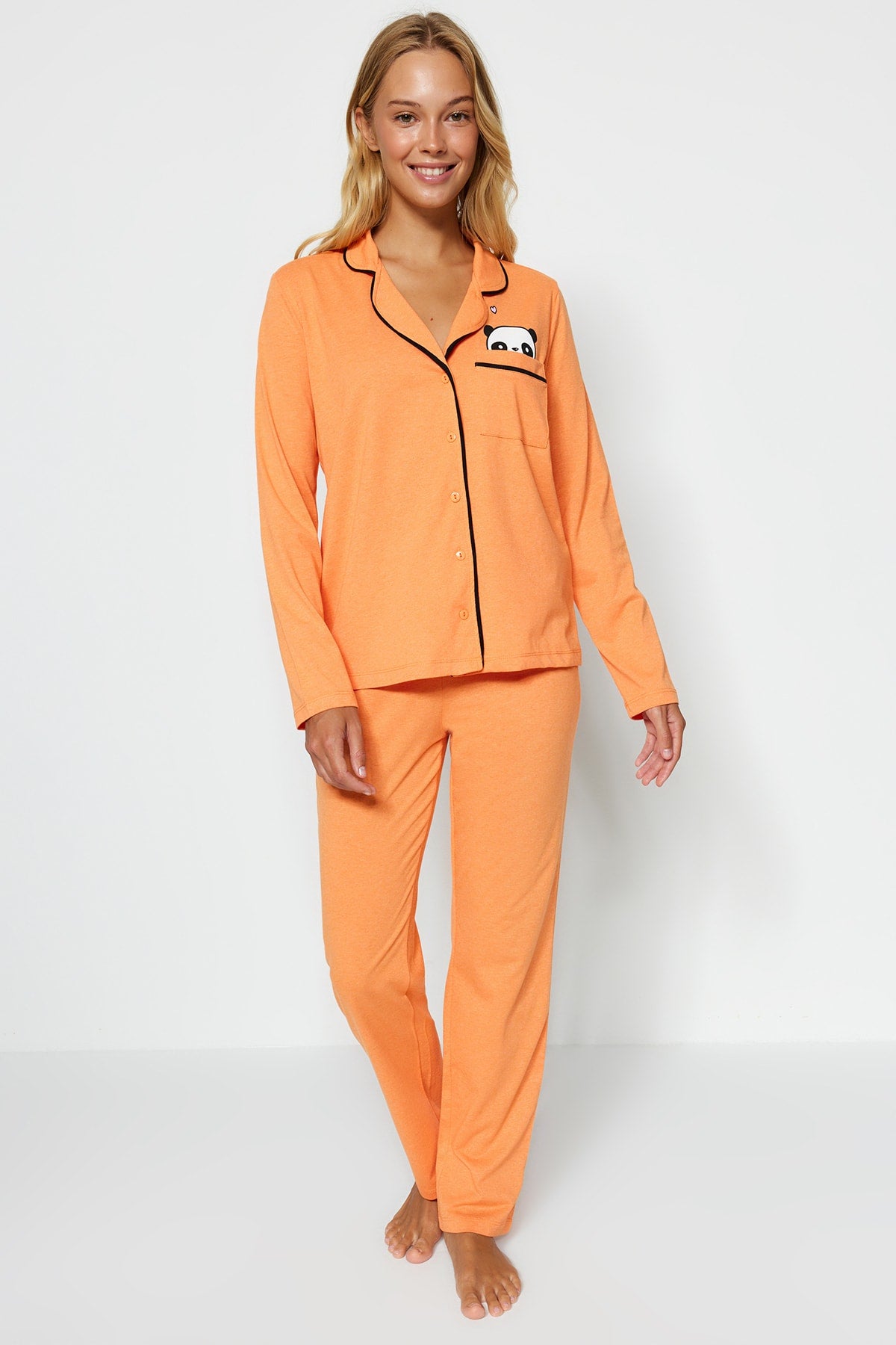 Trendyolmilla Siyah Pamuklu Panda Baskılı Gömlek-Pantolon Örme Pijama Takımı THMAW21PT0245