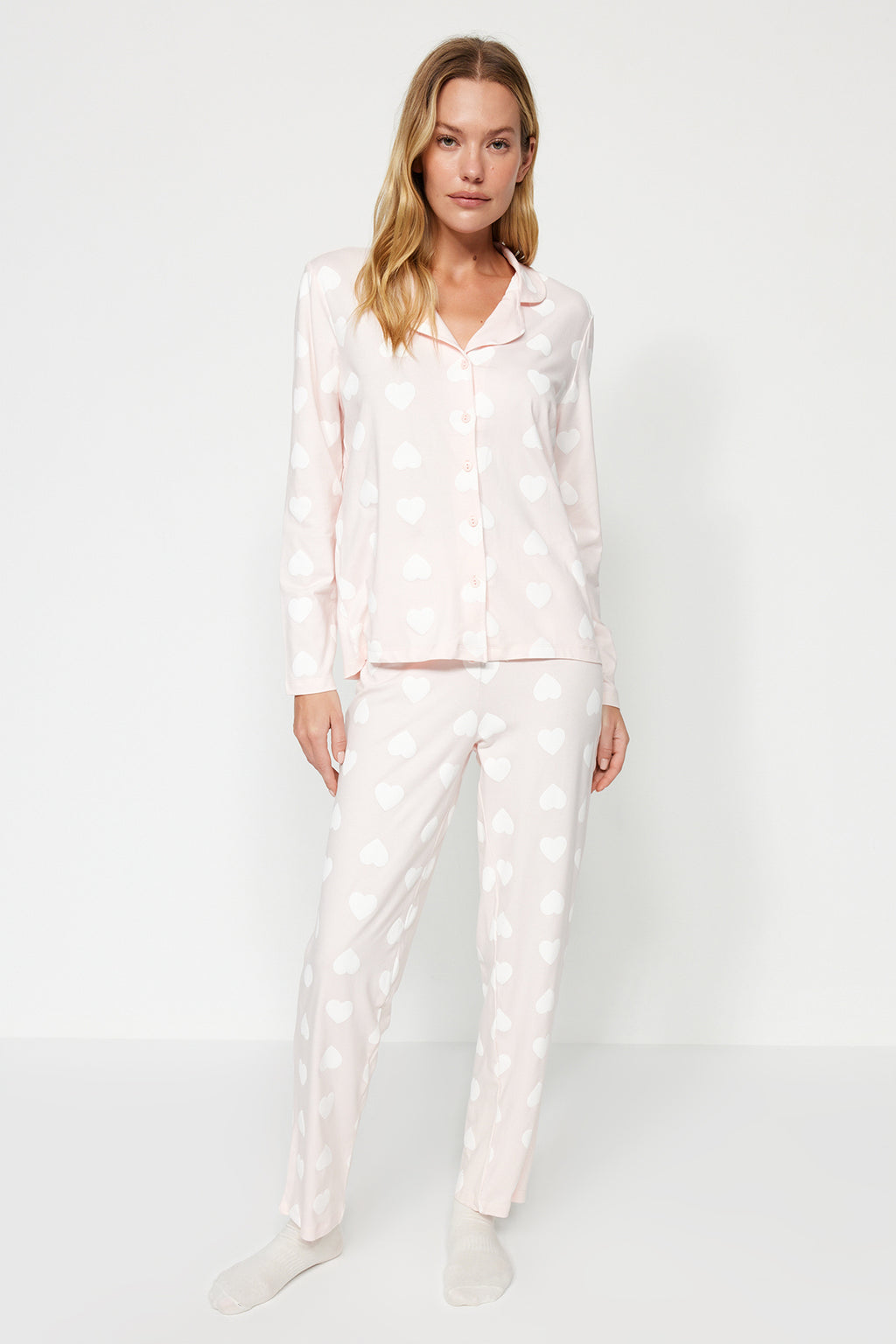 Trendyolmilla Mürdüm %100 Pamuklu Kalpli Gömlek-Pantolon Örme Pijama Takımı THMAW24PT00253