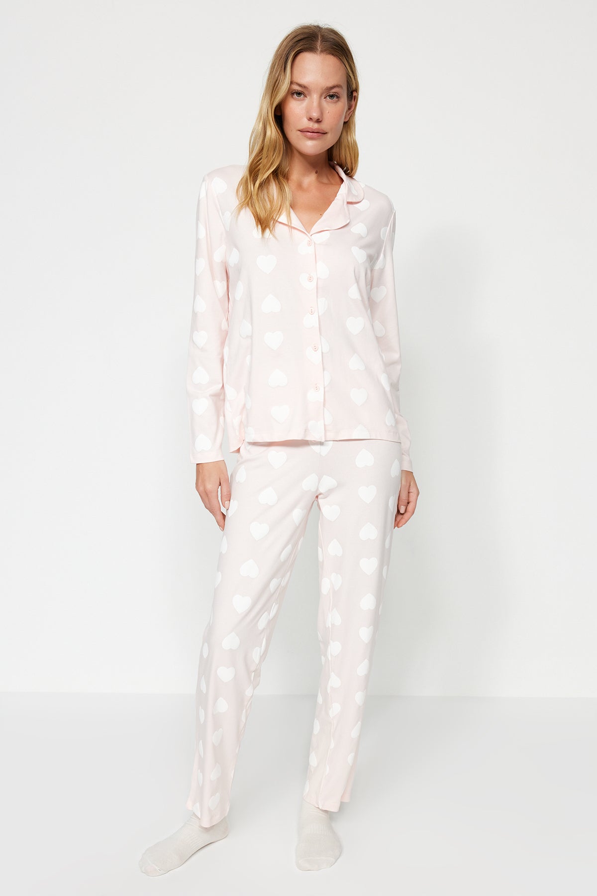 Trendyolmilla Mürdüm %100 Pamuklu Kalpli Gömlek-Pantolon Örme Pijama Takımı THMAW24PT00253