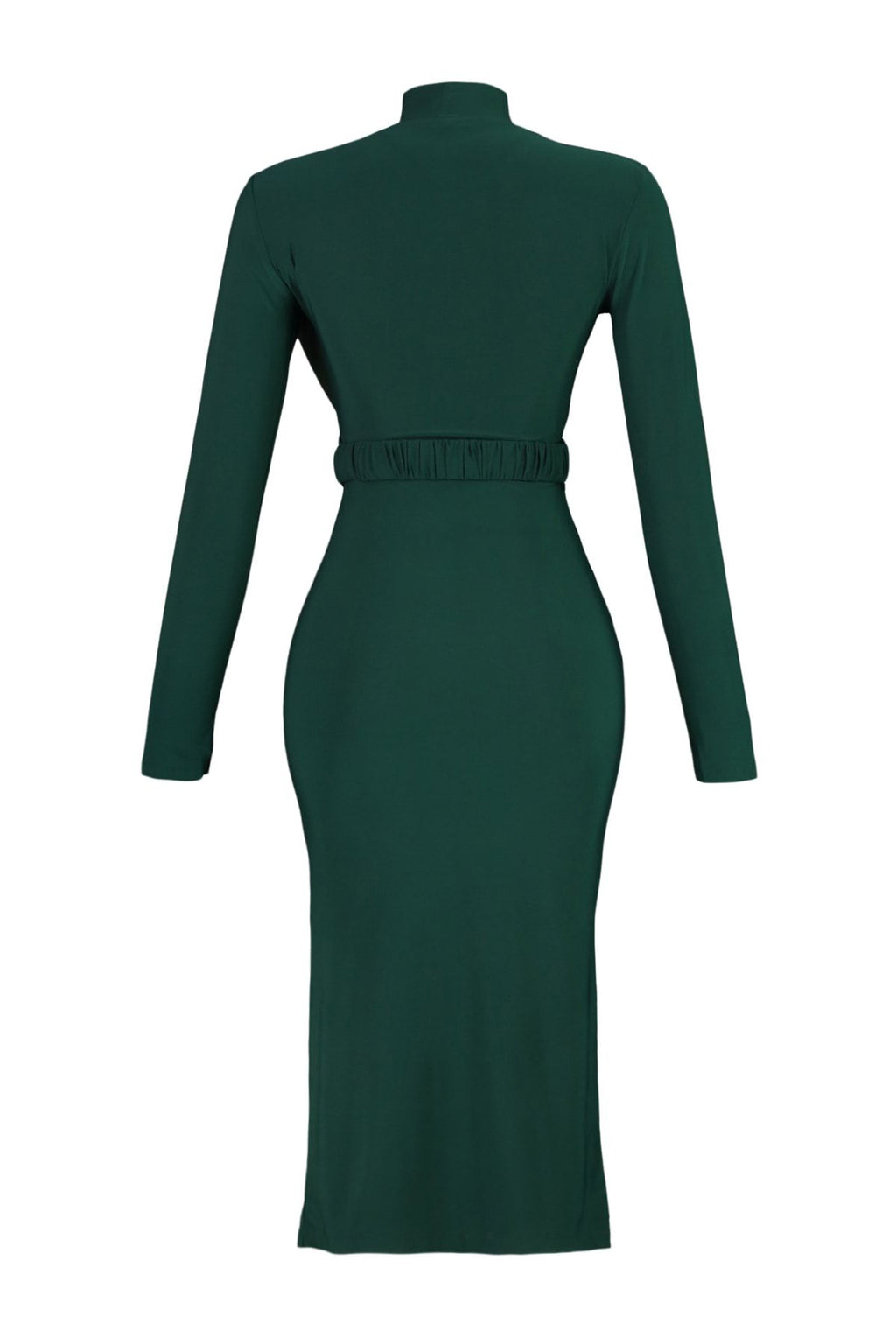 Trendyolmilla Siyah Fitted/Vücuda Oturan Dik Yaka Drapeli Kemerli Esnek Örme Kalem Elbise TWOAW22EL0434