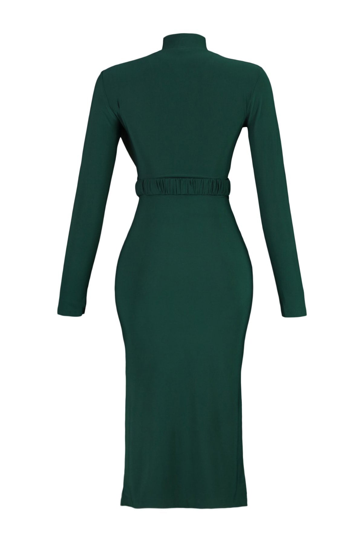 Trendyolmilla Siyah Fitted/Vücuda Oturan Dik Yaka Drapeli Kemerli Esnek Örme Kalem Elbise TWOAW22EL0434