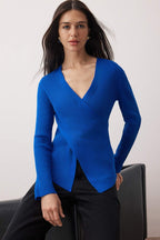 Trendyolmilla Saks*001 Fitted/Vücuda Oturan Kruvaze İnce Triko Kazak TWOAW26KZ00178