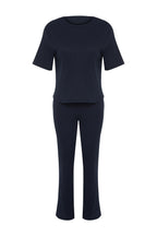 Lacivert Slogan Baskılı Lastik Detaylı Fitilli T-shirt-Pantolon Örme Pijama THMSS21PT1016
