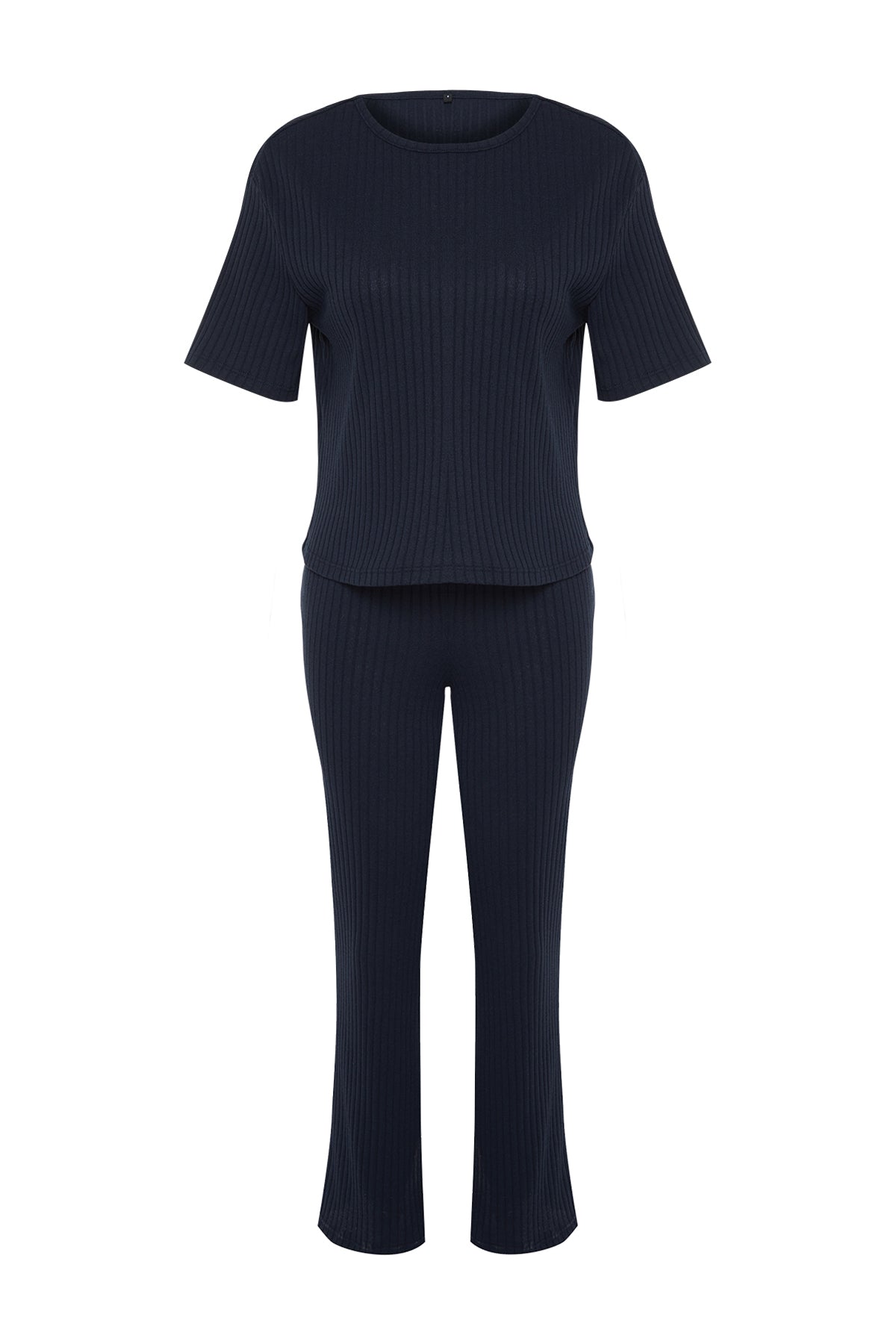 Lacivert Slogan Baskılı Lastik Detaylı Fitilli T-shirt-Pantolon Örme Pijama THMSS21PT1016