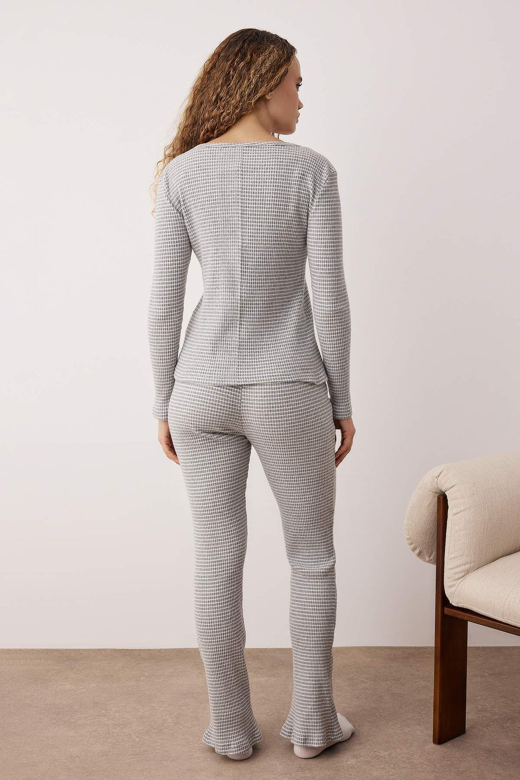 Gri Melanj Çizgili Yarım Patlı Fitilli Örme Pijama Takımı THMAW26PT00041