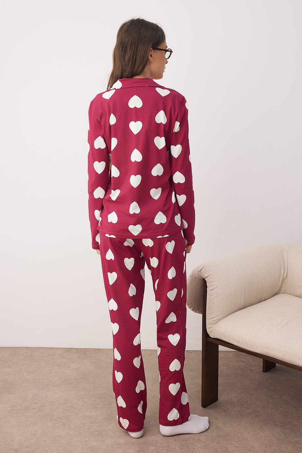 Trendyolmilla Mürdüm %100 Pamuklu Kalpli Gömlek-Pantolon Örme Pijama Takımı THMAW24PT00253