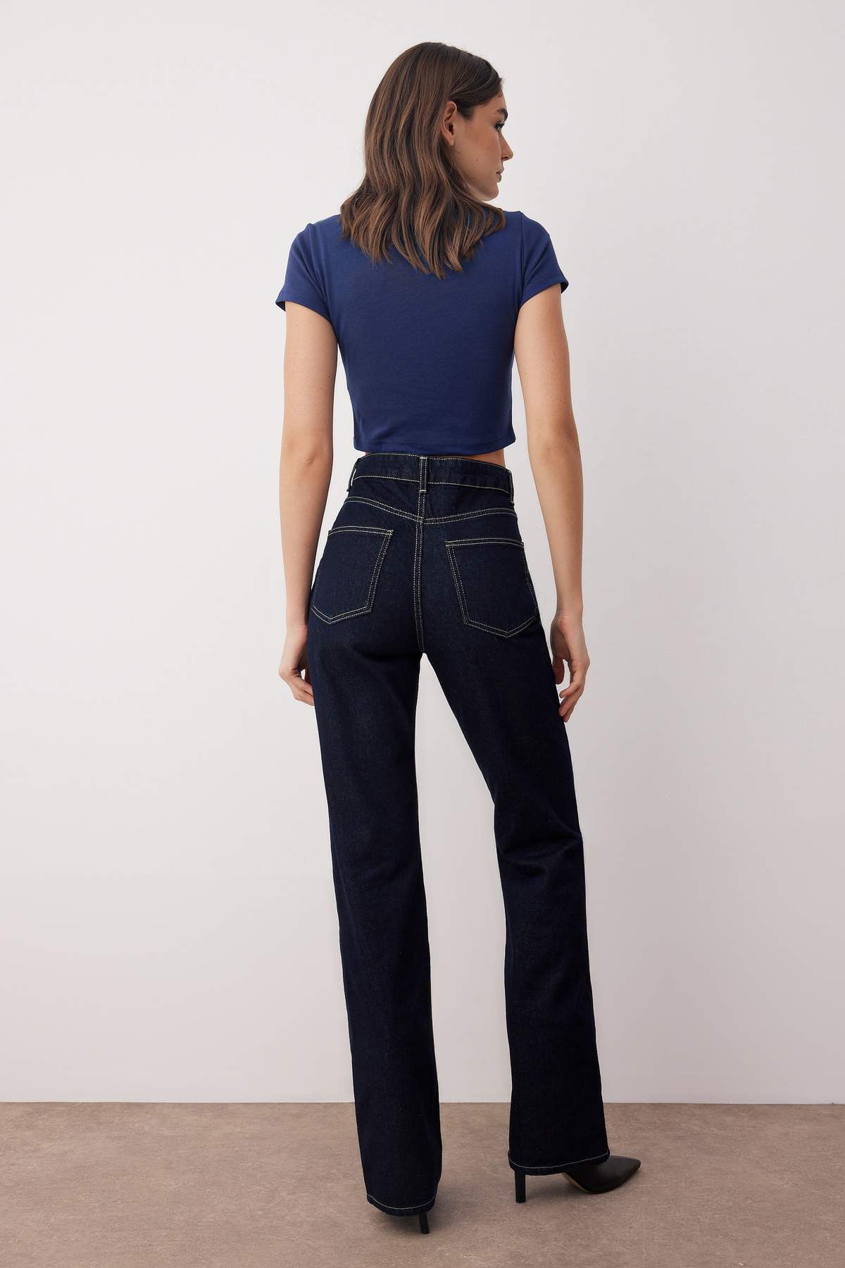 Koyu Mavi Yüksek Bel Orta Esnek Straight/Düz Kesim Jeans TWOAW26JE00025