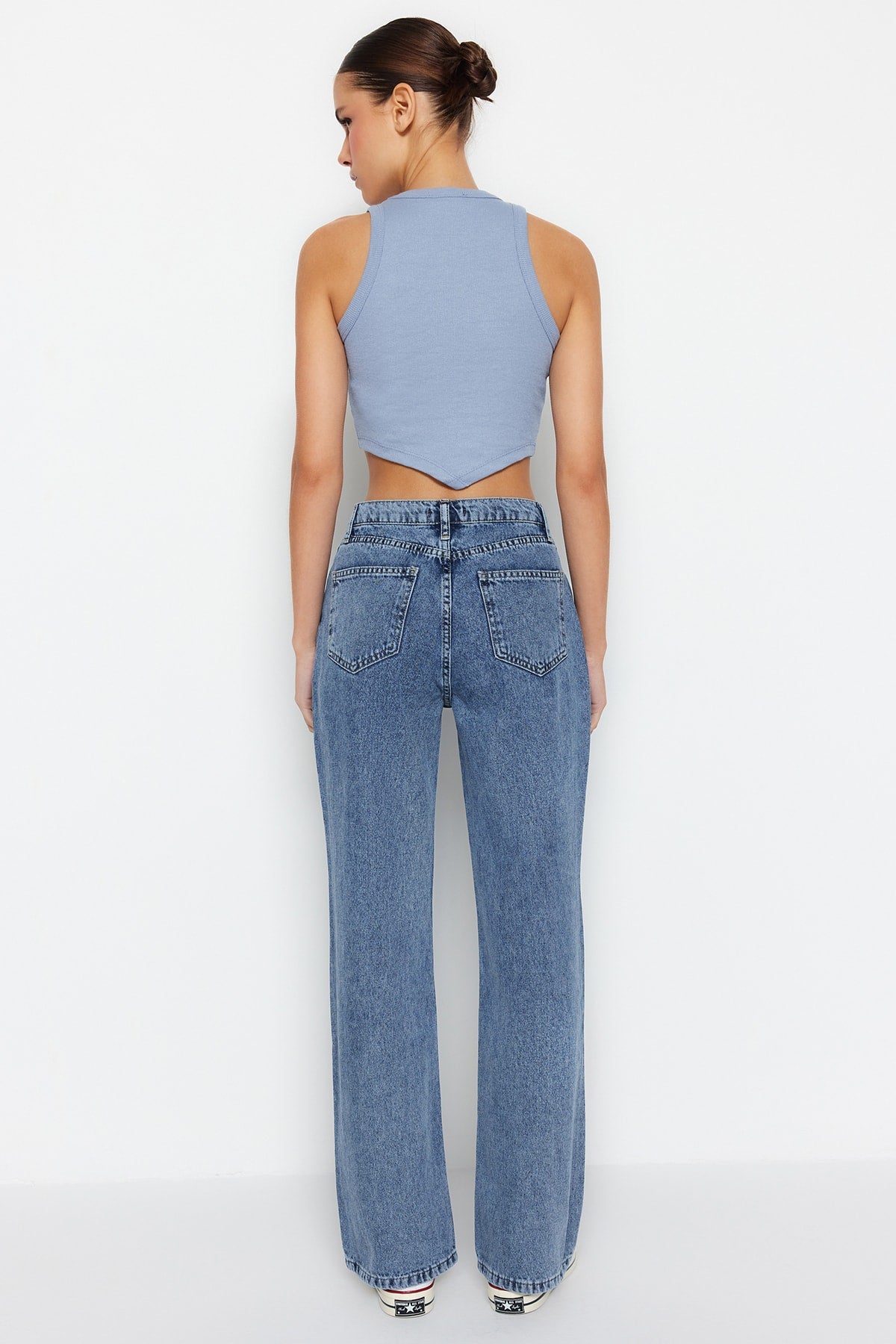Trendyolmilla Koyu Mavi Bel Detaylı Yüksek Bel Wide Leg Jeans TWOSS21JE0385